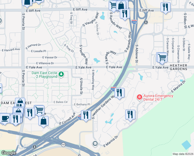 map of restaurants, bars, coffee shops, grocery stores, and more near in Denver