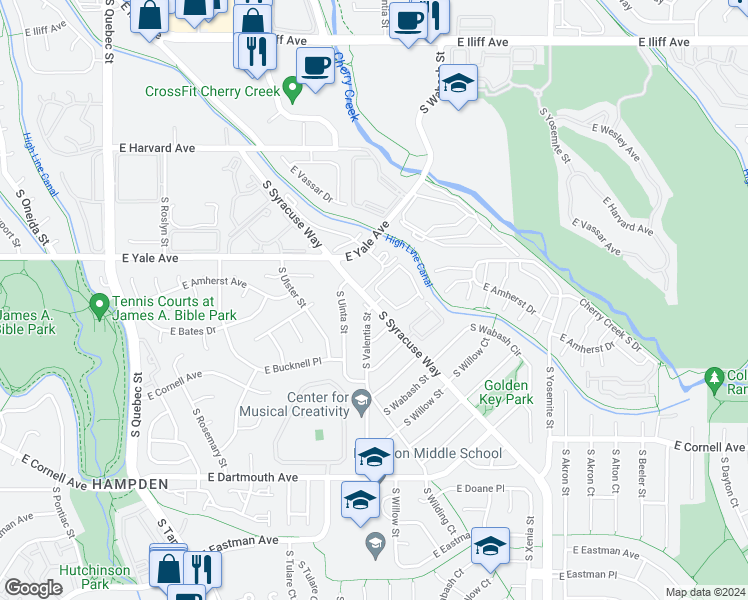 map of restaurants, bars, coffee shops, grocery stores, and more near 2800 South Syracuse Way in Denver
