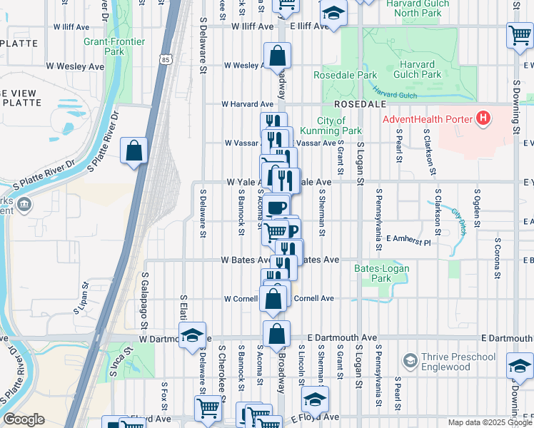 map of restaurants, bars, coffee shops, grocery stores, and more near 2795 South Broadway in Englewood