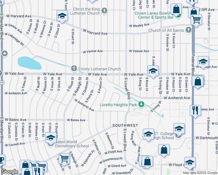 map of restaurants, bars, coffee shops, grocery stores, and more near 2750 South Newton Way in Denver