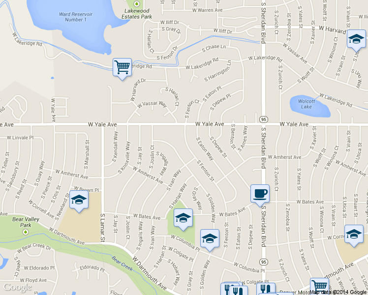 map of restaurants, bars, coffee shops, grocery stores, and more near 2725 South Fenton Street in Denver