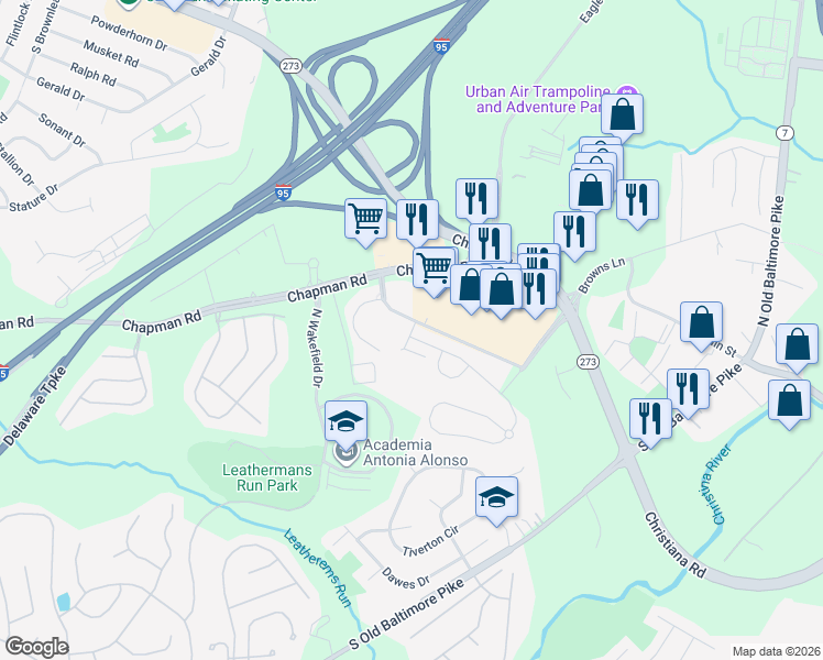 map of restaurants, bars, coffee shops, grocery stores, and more near 318 Wilkinson Drive in Newark
