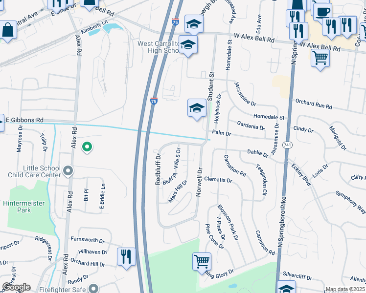 map of restaurants, bars, coffee shops, grocery stores, and more near 1612 Mars Hill Drive in Dayton