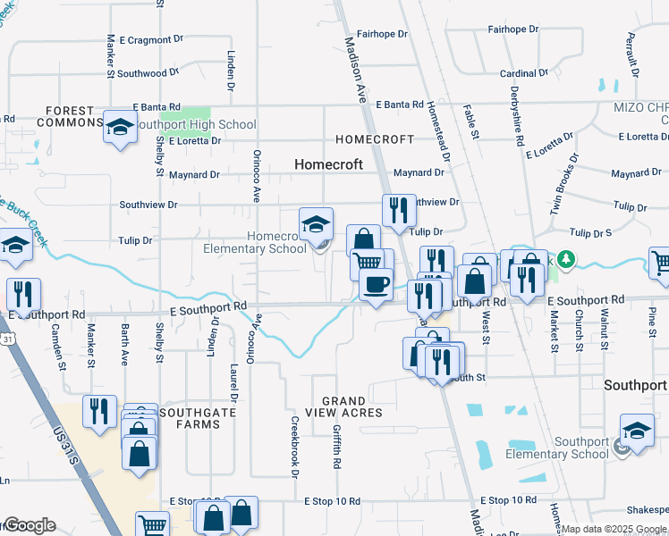 map of restaurants, bars, coffee shops, grocery stores, and more near 1551 Southview Drive in Indianapolis