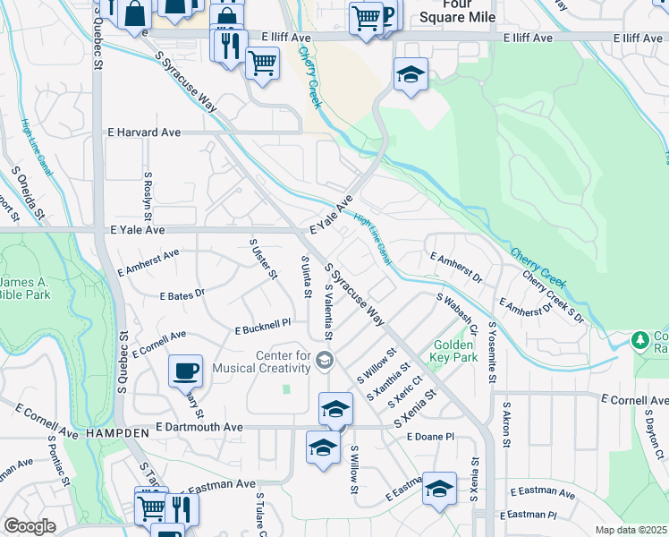 map of restaurants, bars, coffee shops, grocery stores, and more near 2800 South Syracuse Way in Denver