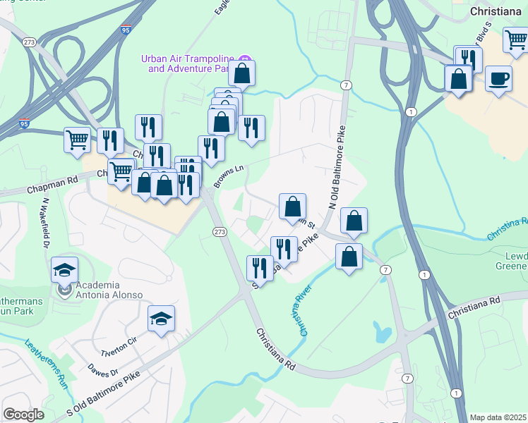 map of restaurants, bars, coffee shops, grocery stores, and more near 1104 Cedarwood Lane in Newark