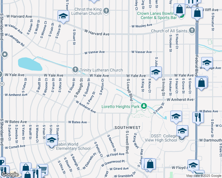 map of restaurants, bars, coffee shops, grocery stores, and more near 2750 South Newton Way in Denver