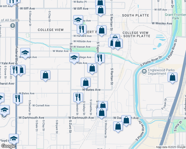 map of restaurants, bars, coffee shops, grocery stores, and more near 2065 West Amherst Avenue in Englewood