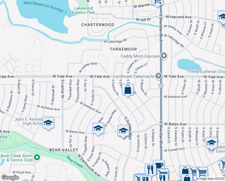 map of restaurants, bars, coffee shops, grocery stores, and more near 2725 South Fenton Street in Denver