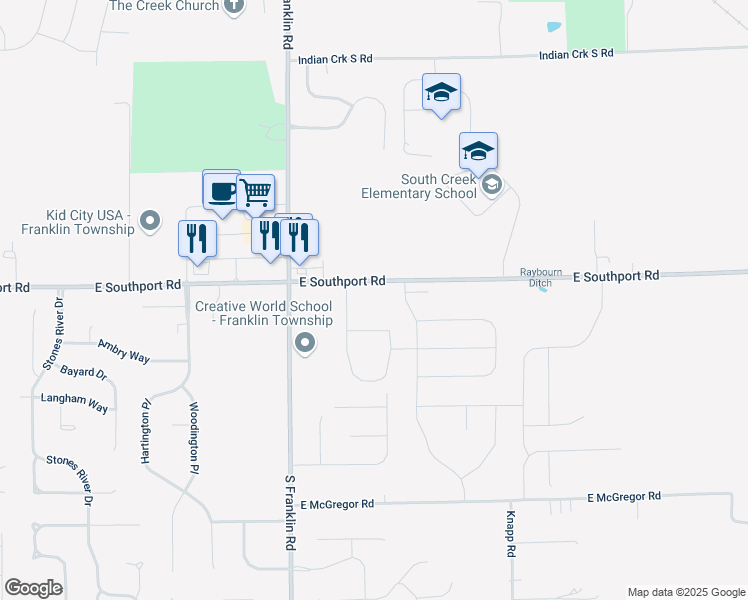 map of restaurants, bars, coffee shops, grocery stores, and more near 8701 East Southport Road in Indianapolis