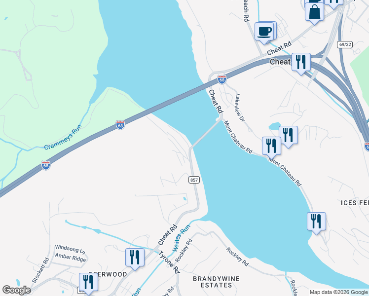 map of restaurants, bars, coffee shops, grocery stores, and more near 123 Cheat Canyon Park Drive in Morgantown