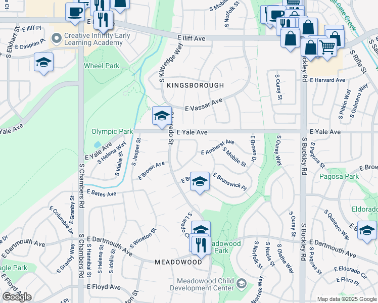 map of restaurants, bars, coffee shops, grocery stores, and more near 16243 East Brunswick Drive in Aurora