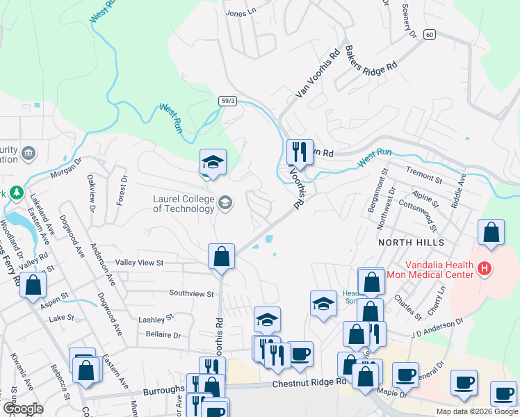 map of restaurants, bars, coffee shops, grocery stores, and more near 301 Sonoma Way in Morgantown
