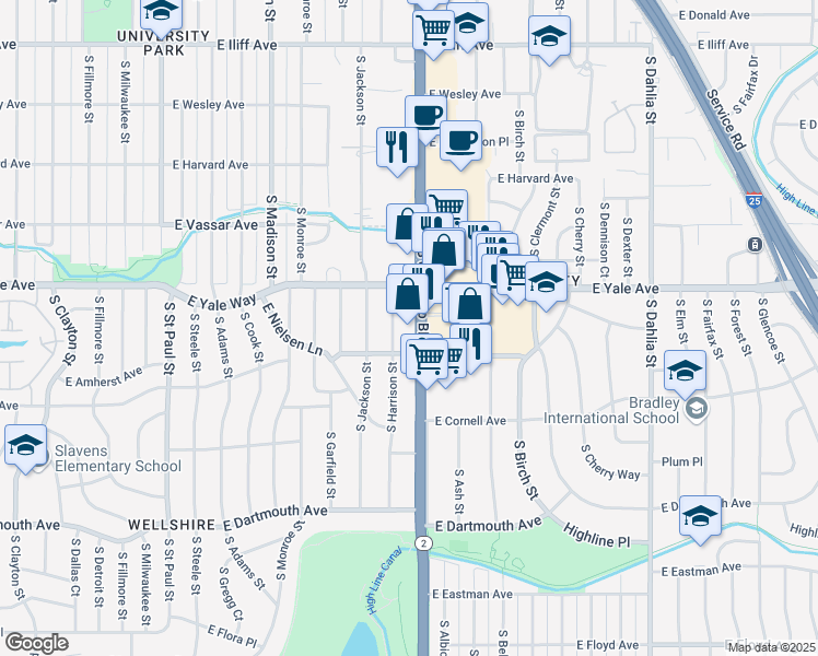 map of restaurants, bars, coffee shops, grocery stores, and more near 2764 South Harrison Street in Denver