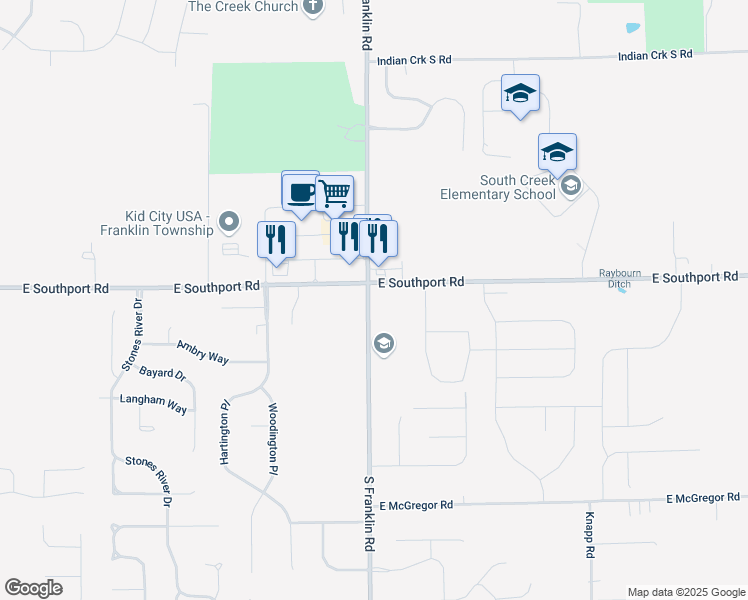map of restaurants, bars, coffee shops, grocery stores, and more near 7021 South Franklin Road in Indianapolis