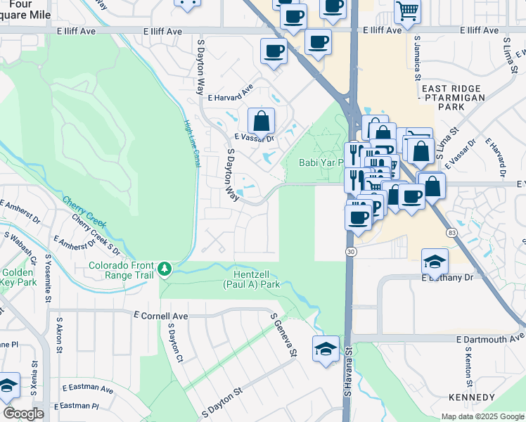 map of restaurants, bars, coffee shops, grocery stores, and more near 10000 East Yale Avenue in Denver