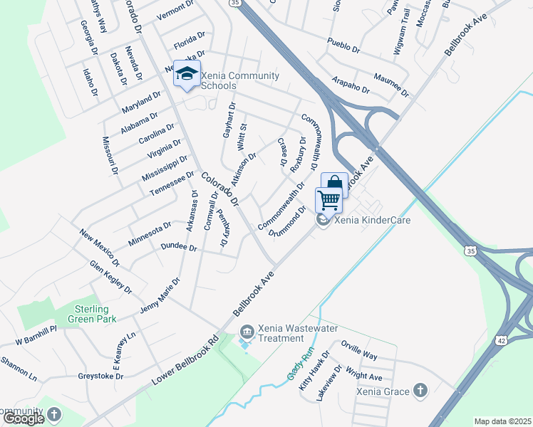 map of restaurants, bars, coffee shops, grocery stores, and more near 1369 Colorado Drive in Xenia