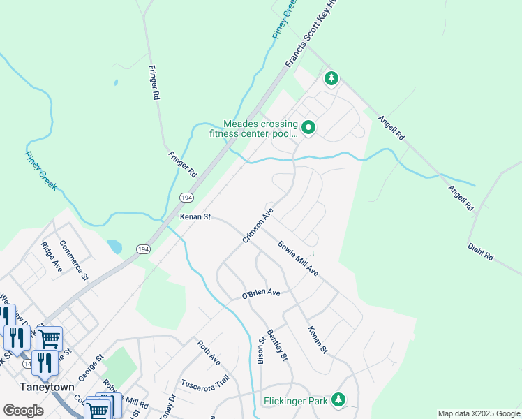 map of restaurants, bars, coffee shops, grocery stores, and more near 24 Gaines Mill Circle in Taneytown