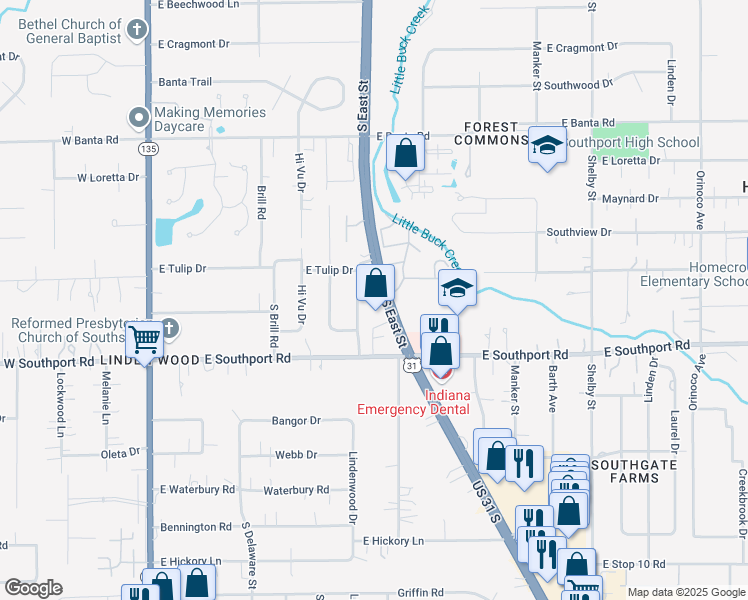 map of restaurants, bars, coffee shops, grocery stores, and more near 6838 South East Street in Indianapolis
