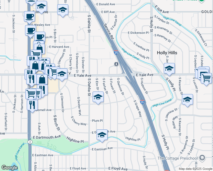 map of restaurants, bars, coffee shops, grocery stores, and more near 2819 South Fairfax Street in Denver