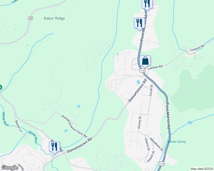 map of restaurants, bars, coffee shops, grocery stores, and more near 20 Hannah Lane in Morgantown