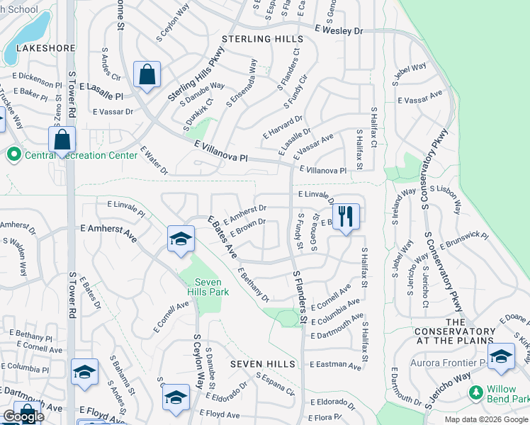 map of restaurants, bars, coffee shops, grocery stores, and more near 19531 East Brown Drive in Aurora
