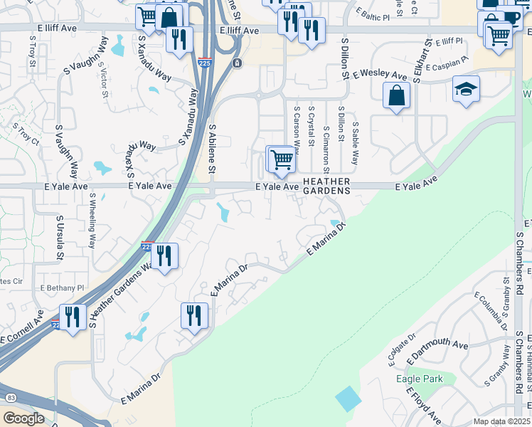 map of restaurants, bars, coffee shops, grocery stores, and more near 14050 East Linvale Place in Aurora