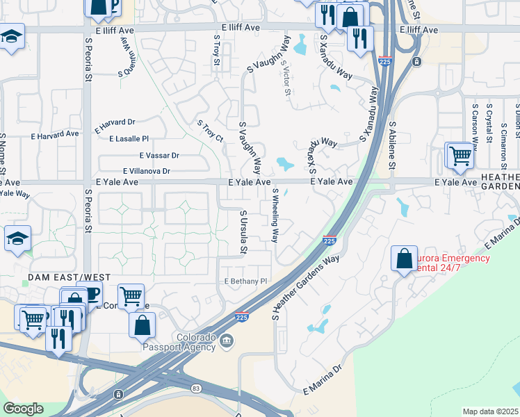 map of restaurants, bars, coffee shops, grocery stores, and more near 13281 East Amherst Avenue in Aurora