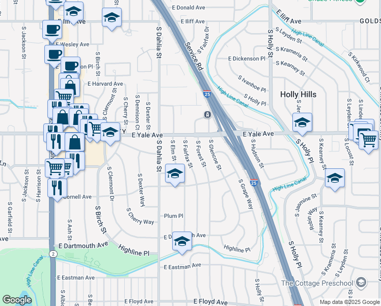 map of restaurants, bars, coffee shops, grocery stores, and more near 2819 South Fairfax Street in Denver