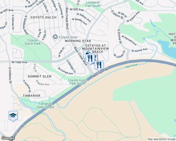 map of restaurants, bars, coffee shops, grocery stores, and more near 2975 South Devinney Court in Lakewood