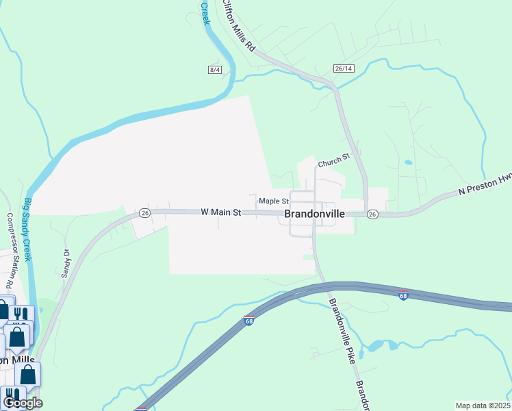 map of restaurants, bars, coffee shops, grocery stores, and more near 208 Main St in Bruceton Mills