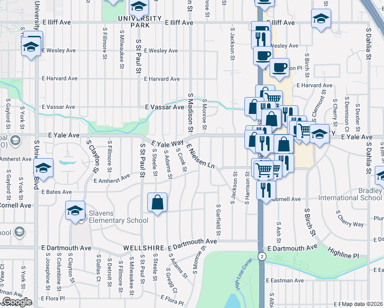 map of restaurants, bars, coffee shops, grocery stores, and more near 2801 South Madison Street in Denver