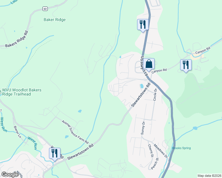 map of restaurants, bars, coffee shops, grocery stores, and more near 4 Hannah Lane in Morgantown