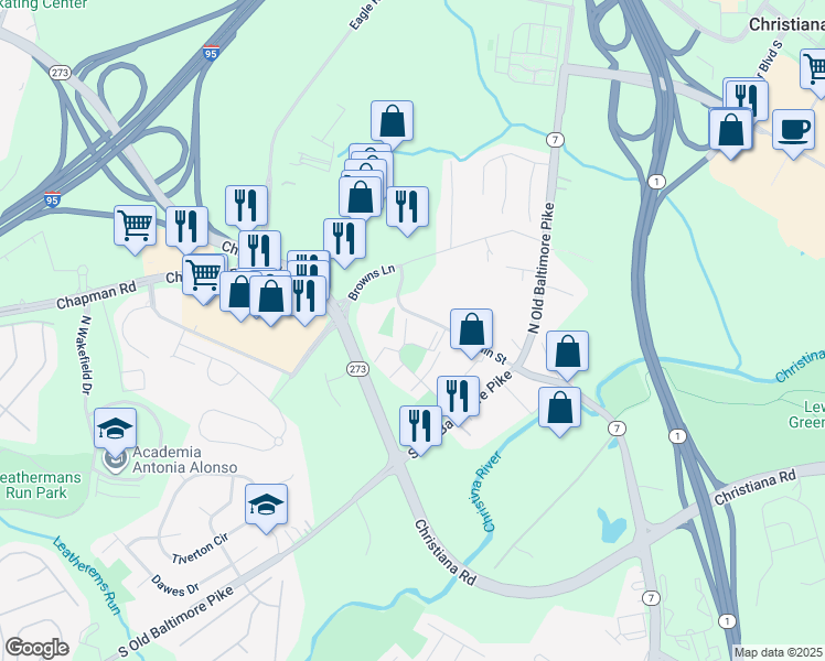 map of restaurants, bars, coffee shops, grocery stores, and more near 1205 Flanders Way in Newark