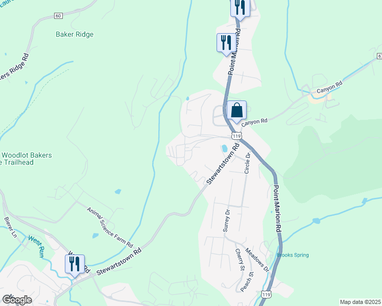 map of restaurants, bars, coffee shops, grocery stores, and more near 1021 Pinnacle Height Drive in Morgantown