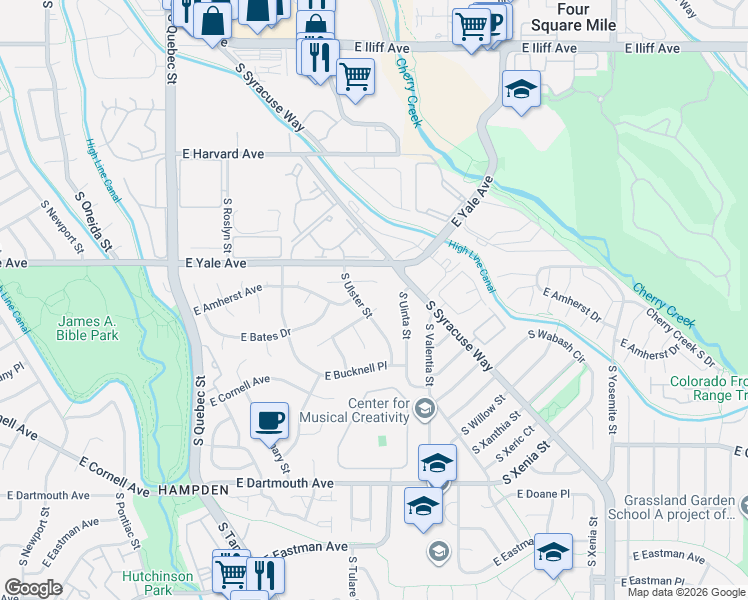 map of restaurants, bars, coffee shops, grocery stores, and more near 2920 South Ulster Street in Denver