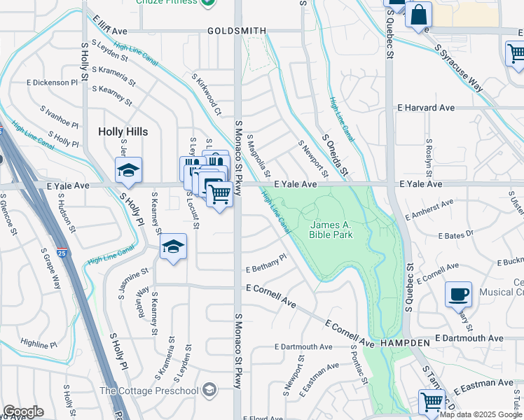 map of restaurants, bars, coffee shops, grocery stores, and more near 6700 East Amherst Avenue in Denver