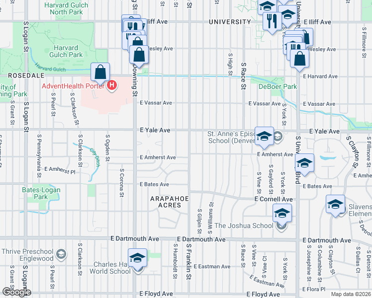map of restaurants, bars, coffee shops, grocery stores, and more near 2800 South Franklin Street in Denver