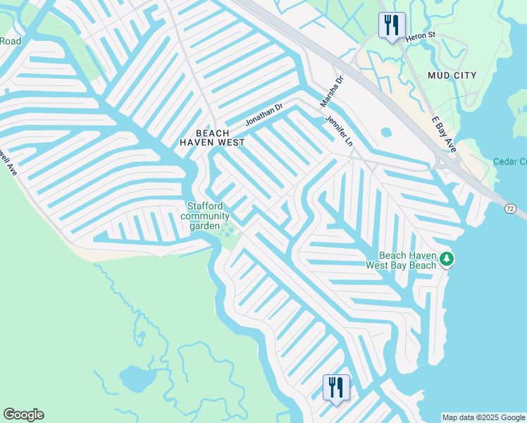 map of restaurants, bars, coffee shops, grocery stores, and more near 1211 Walter Boulevard in Stafford Township