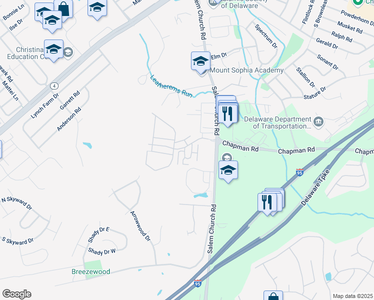 map of restaurants, bars, coffee shops, grocery stores, and more near 581 Oakdale Circle in Newark