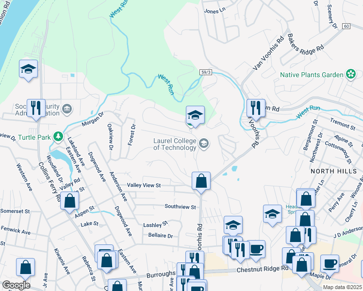 map of restaurants, bars, coffee shops, grocery stores, and more near Idacore Lane in Morgantown