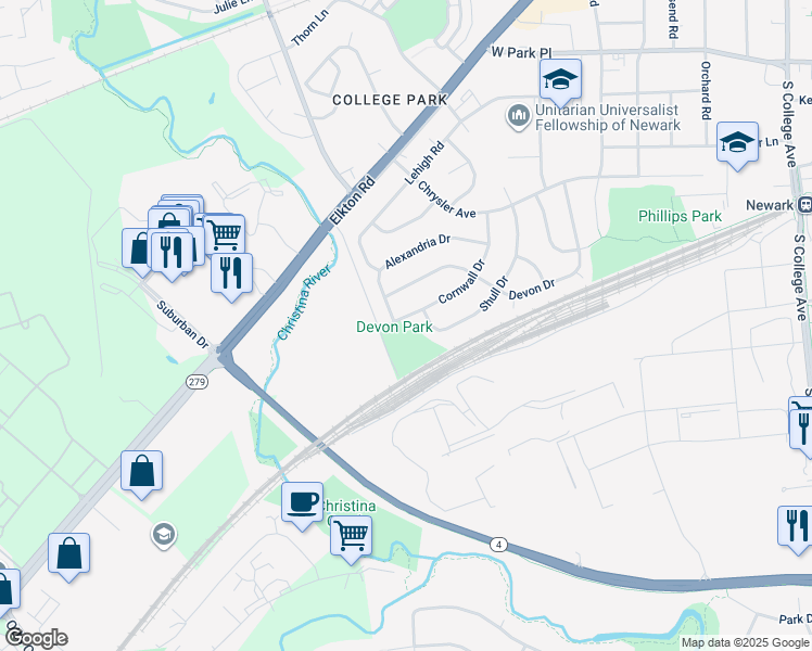 map of restaurants, bars, coffee shops, grocery stores, and more near 44 Cornwall Drive in Newark