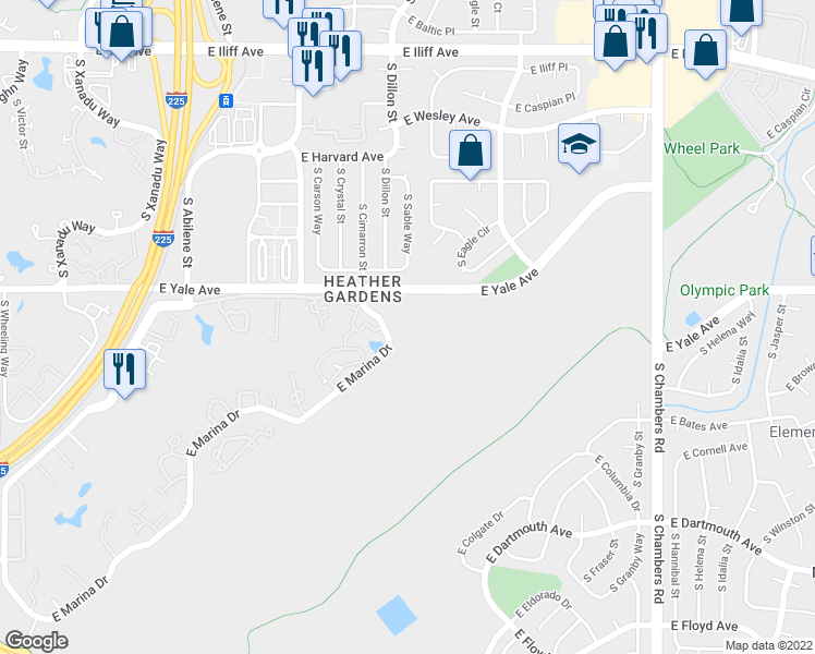 map of restaurants, bars, coffee shops, grocery stores, and more near 14300 East Marina Drive in Aurora