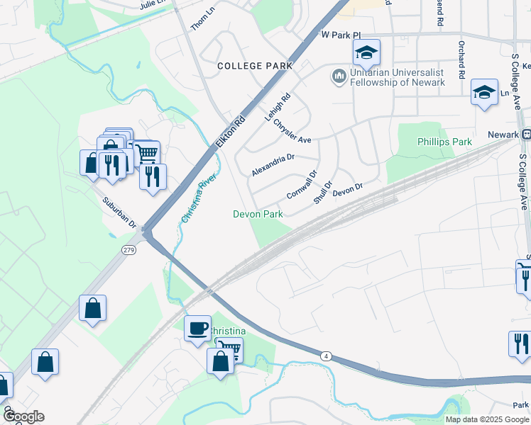 map of restaurants, bars, coffee shops, grocery stores, and more near 44 Cornwall Drive in Newark