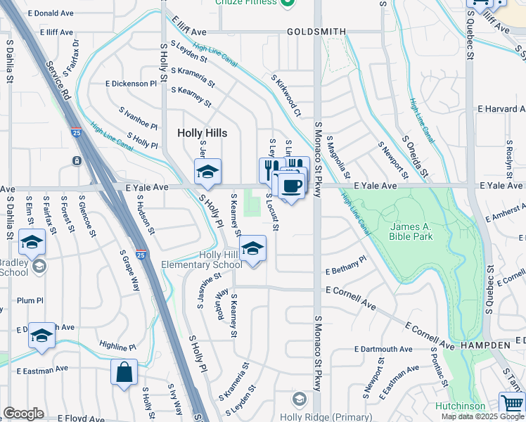 map of restaurants, bars, coffee shops, grocery stores, and more near 2801 South Locust Street in Denver