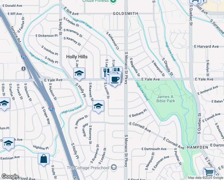 map of restaurants, bars, coffee shops, grocery stores, and more near 6460 East Yale Avenue in Denver
