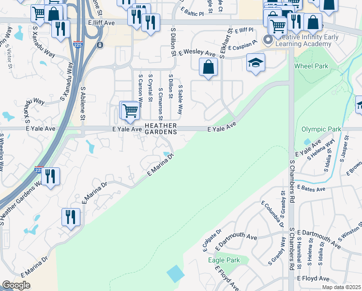 map of restaurants, bars, coffee shops, grocery stores, and more near 14300 East Marina Drive in Aurora
