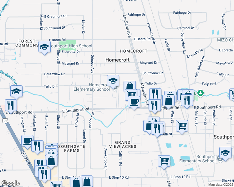 map of restaurants, bars, coffee shops, grocery stores, and more near 1551 Southview Drive in Indianapolis