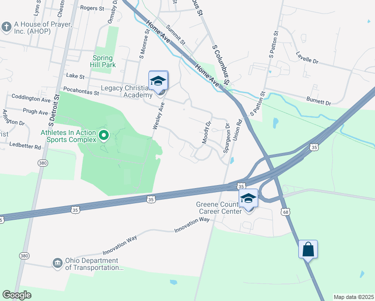 map of restaurants, bars, coffee shops, grocery stores, and more near 695 Wycliffe Drive in Xenia