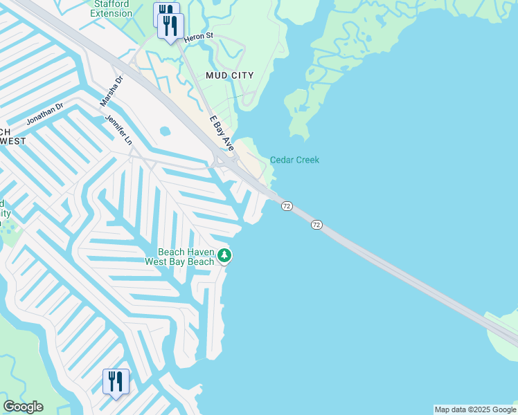 map of restaurants, bars, coffee shops, grocery stores, and more near 20 Selma Drive in Stafford Township
